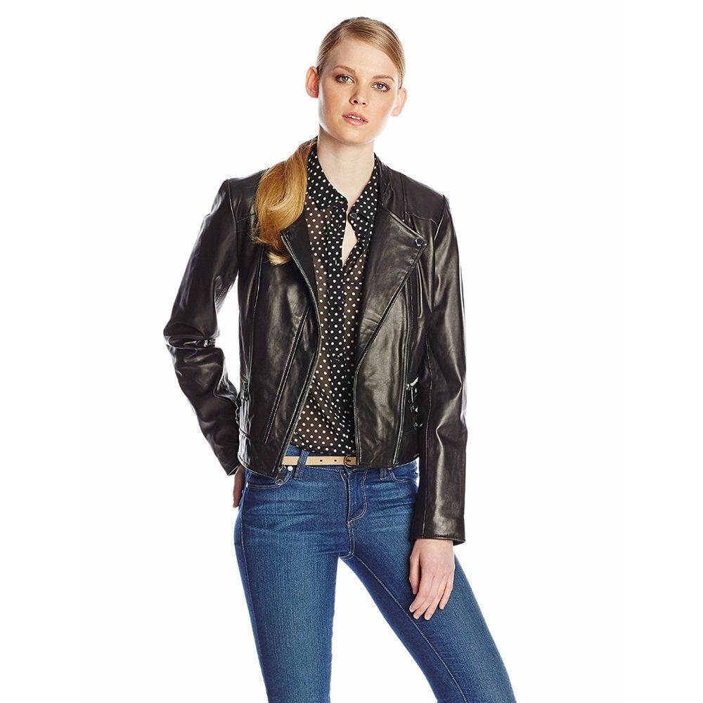 New! ANDREW MARC New York Women's Black Moto Biker Leather Jacket Full Zip Small - Picture 5 of 7